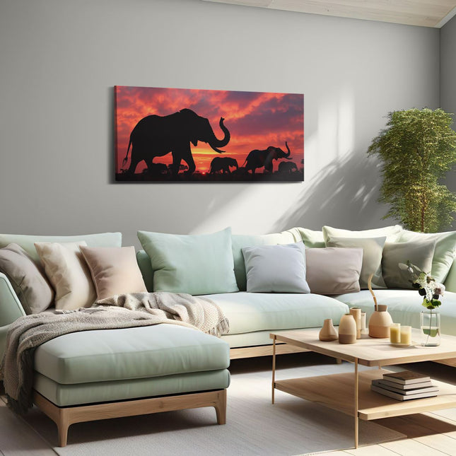Canvas schilderij woonkamer Silhouetten van Olifanten bij Zonsondergang