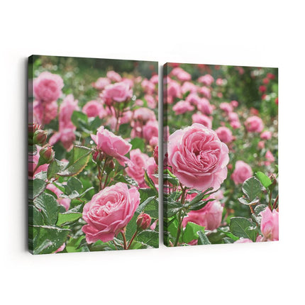 Canvas schilderij tweeluik Roze Rozen Bloemenveld