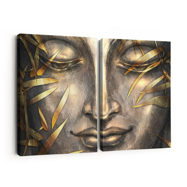 Canvas schilderij tweeluik Boeddha Beeld Met Gouden Bladeren