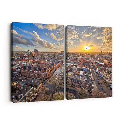 Canvas schilderij tweeluik Groningen Stad bij Zonsondergang