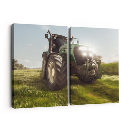 Canvas schilderij tweeluik Tractor op het Gras - Trekker