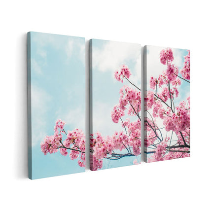 Canvas schilderij drieluik Roze Bloesemboom - Bloemen