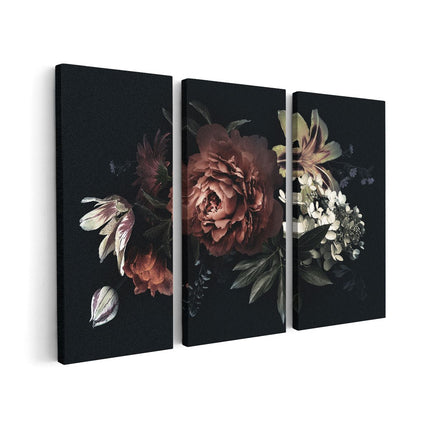 Canvas schilderij drieluik Bloemen Op Een Zwart Achtergrond