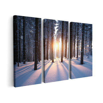 Canvas schilderij drieluik Bos Met Sneeuw Tijdens De Zonsondergang