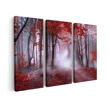 Canvas schilderij drieluik Rood Bos Met Bomen