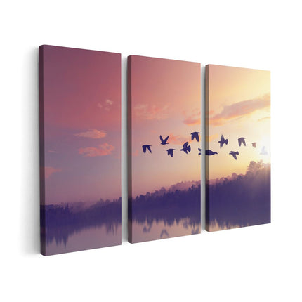 Canvas schilderij drieluik Silhouet Vogels Tijdens Zonsondergang