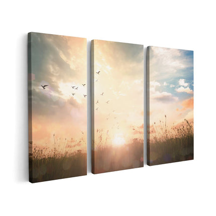 Canvas schilderij drieluik Silhouet Vogels Tijdens Zonsopkomst