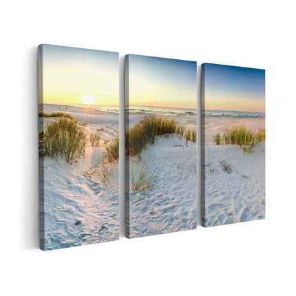 Canvas schilderij drieluik Strand En Duinen Tijdens Zonsondergang