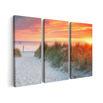 Canvas schilderij drieluik Strand En Duinen Bij Zonsondergang