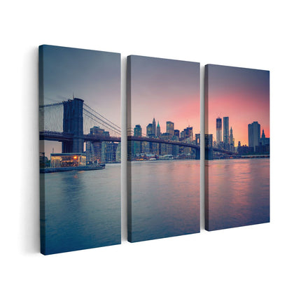 Canvas schilderij drieluik New York Brooklyn Brug Bij Zonsondergang