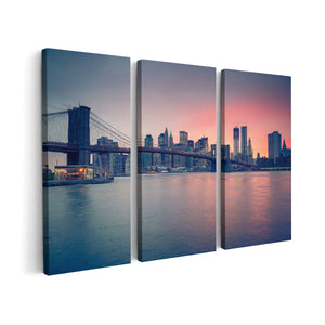 Canvas schilderij drieluik New York Brooklyn Brug Bij Zonsondergang