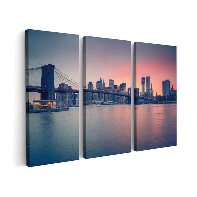 Canvas schilderij drieluik New York Brooklyn Brug Bij Zonsondergang