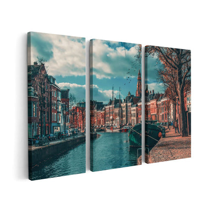 Canvas schilderij drieluik Gracht in Groningen 