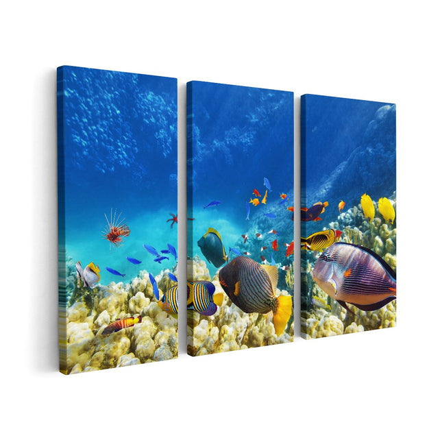 Canvas schilderij drieluik Vissen in de Oceaan met Koralen