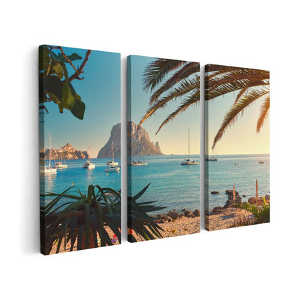 Canvas schilderij drieluik Ibiza Cala d'Hort Strand 