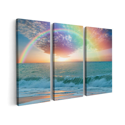 Canvas schilderij drieluik Regenboog in het Water bij het Strand