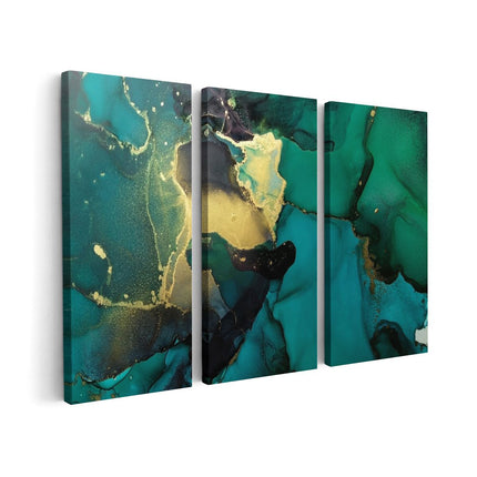 Canvas schilderij drieluik Abstracte Kunst - Groen met Goud