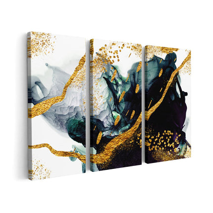 Canvas schilderij drieluik Abstracte Kunst - Zwart Wit met Gouden Strepen