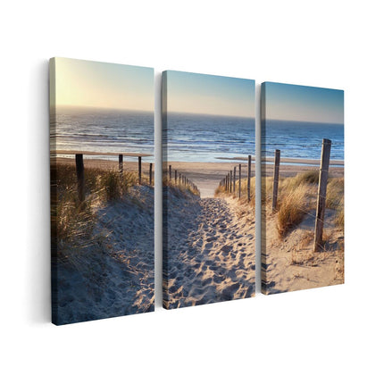 Canvas schilderij drieluik Voetpad in de Duinen met Strand en Zee