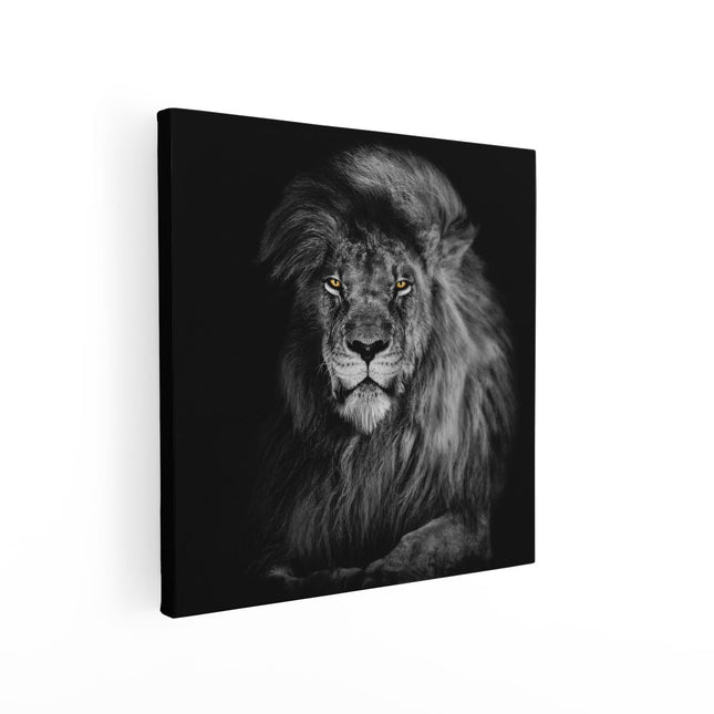 Canvas schilderij vierkant Leeuw Met Oranje Ogen - Zwart Wit