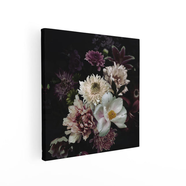 Canvas schilderij vierkant Diverse Bloemen Op Zwart Achtergrond