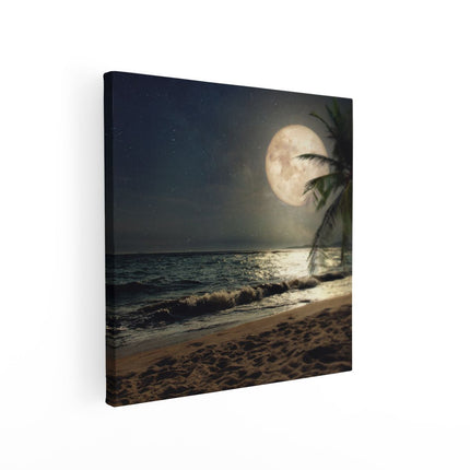 Canvas schilderij vierkant Tropisch Strand In De Nacht Met Volle Maan