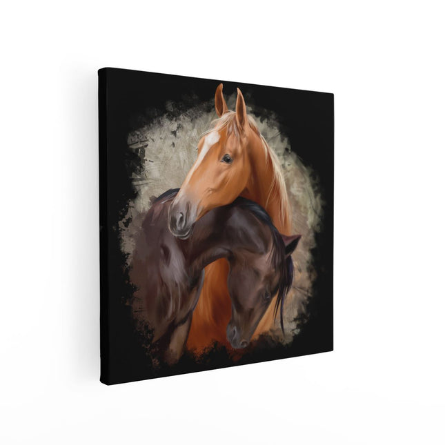 Canvas schilderij vierkant Twee Getekende Knuffelende Paarden - Abstract