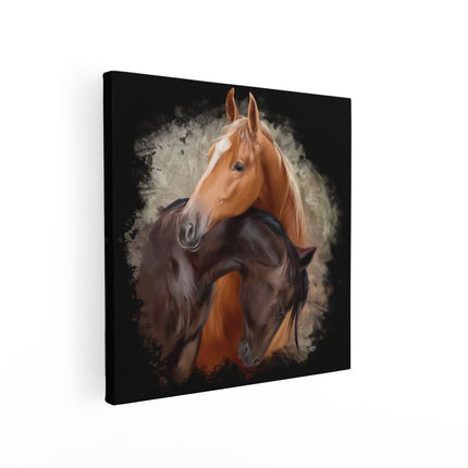 Canvas schilderij vierkant Twee Getekende Knuffelende Paarden - Abstract