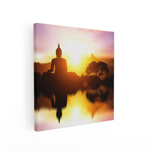 Canvas schilderij vierkant Silhouet Van Boeddha Beeld Met Zonsondergang