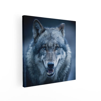 Canvas schilderij vierkant Wolvenkop Met Blauwe Ogen - Wolf