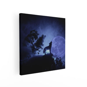 Canvas schilderij vierkant Huilende Wolf In Silhouet Bij Volle Maan