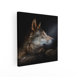 Canvas schilderij vierkant Wolvenkop Met Een Zonnestraal - Wolf