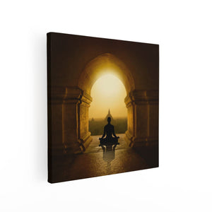Canvas schilderij vierkant Man Doet Yoga In Een Boeddha Tempel