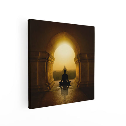 Canvas schilderij vierkant Man Doet Yoga In Een Boeddha Tempel