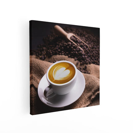 Canvas schilderij vierkant Kopje Koffie In Een Hartje Met Koffiebonen