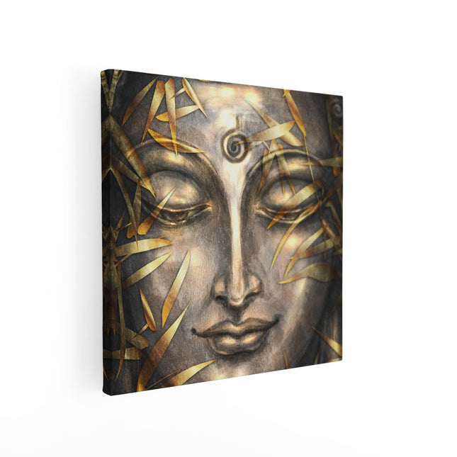 Canvas schilderij vierkant Boeddha Beeld Met Gouden Bladeren