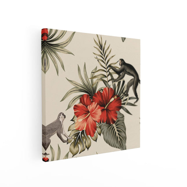 Canvas schilderij vierkant Tropische Bloemen Met Apen Achtergrond