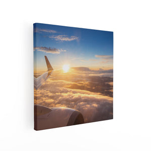 Canvas schilderij vierkant Vliegtuig In De Lucht Met De Zon