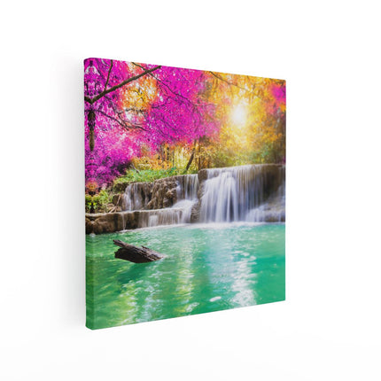 Canvas schilderij vierkant Waterval Met Groen Water En Roze Bladeren