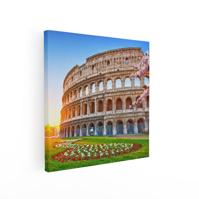 Canvas schilderij vierkant Colosseum bij Zonsopgang in Rome, Italië