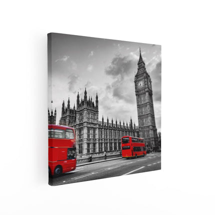 Canvas schilderij vierkant Rode Bussen in Londen - Retro
