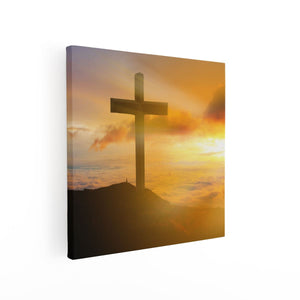 Canvas schilderij vierkant Kruis van Jezus Christus bij Zonsondergang
