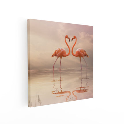 Canvas schilderij vierkant Twee Flamingo's in een Hartjes Vorm 