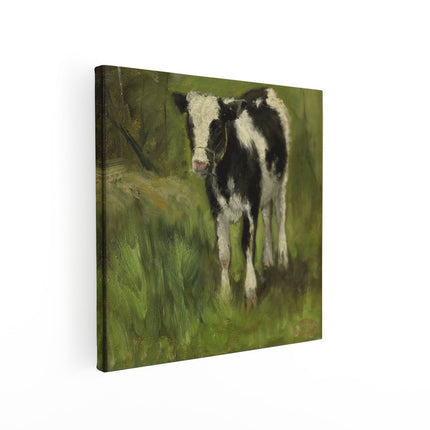 Canvas schilderij vierkant Kalfje, Zwart en Wit Gevlekt - Geo Poggenbeek