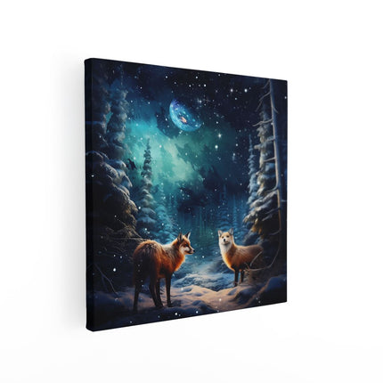 Canvas schilderij vierkant Wolven in het Bos bij de Winternacht