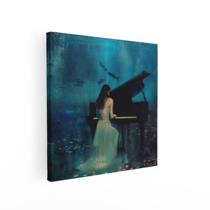 Canvas schilderij vierkant Vrouw die Piano speelt onder Water