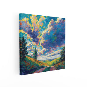 Canvas schilderij vierkant Kleurrijk Kunstwerk van een Onverharde Weg onder een Bewolkte Hemel