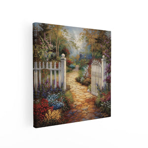Canvas schilderij vierkant Kunstwerk van een Witte Poort in een Tuin