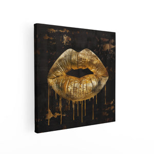 Canvas schilderij vierkant Gouden Lippen op een Zwarte Achtergrond
