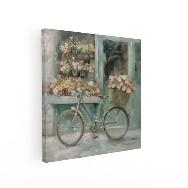 Canvas schilderij vierkant Kunstwerk van een Fiets voor een Bloemenwinkel